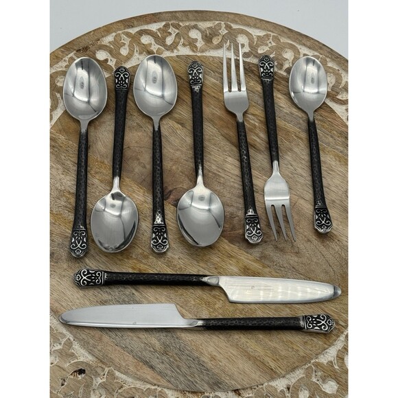 GOURMET SETTINGS AVALON STAINLESS FLATWARE Lot Of 9 Spoon Fork Knife Hammered - Picture 1 of 3